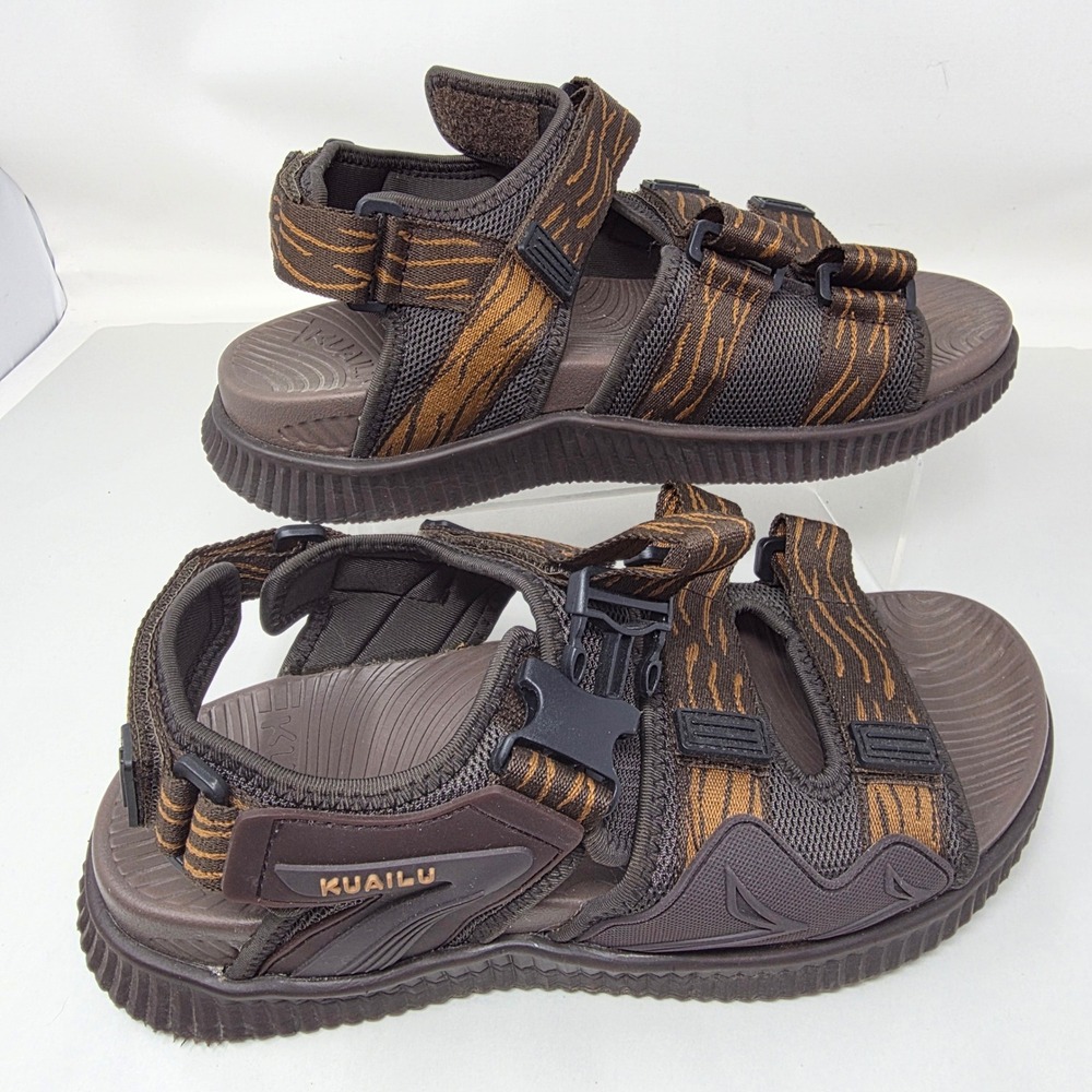 Kuailu Sport Sandals Mens 9.5 Brown Tiger Stripe Multi Strap Buckle Excellent